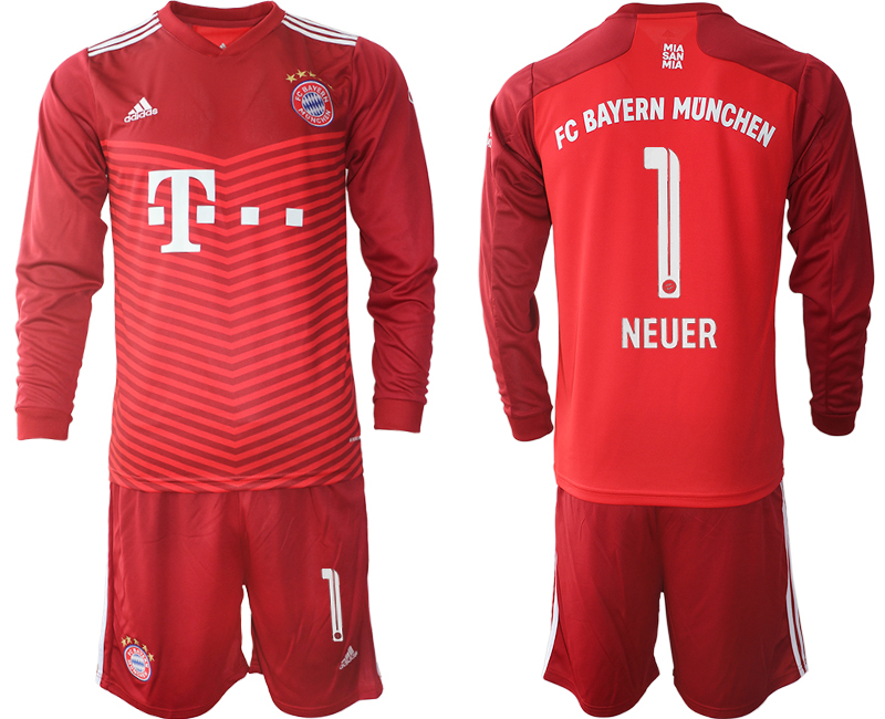 Men 2021-2022 Club Bayern Munich home red Long Sleeve #1 Soccer Jersey